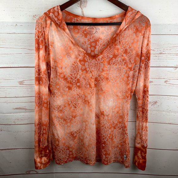 Prana Tops - Prana | Orange White Print Sheer Hooded Shirt